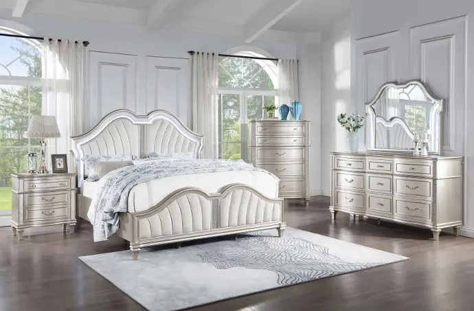 Set de dormitorio de 5 piezas con plataforma tapizada