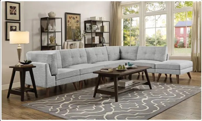 Seccional capitoné modular tapizado de 6 piezas gris y nogal