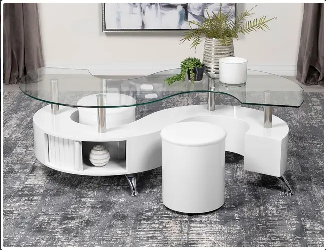 Mesa de centro con tapa de cristal curvado color blanco brillante